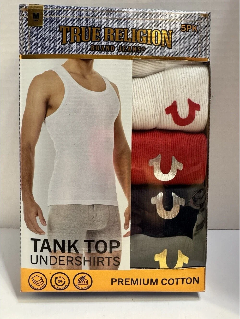 True Religion Men's Premium Cotton 5-Pk Tanks White/Red/Navy/Black Size M 32-34